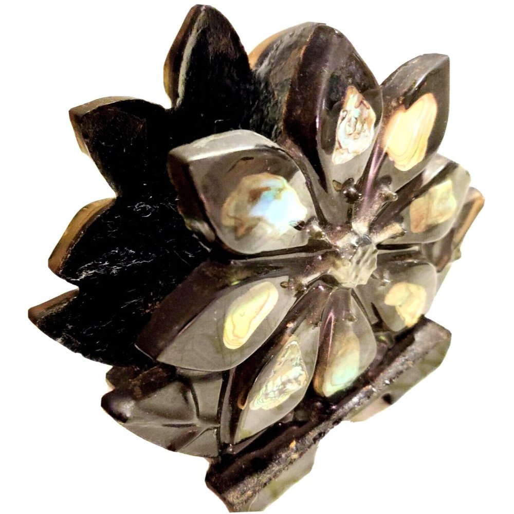 Vtg Distress Abalone Black Lucite/ Acrylic? Napkin Holder Floral Petals Design